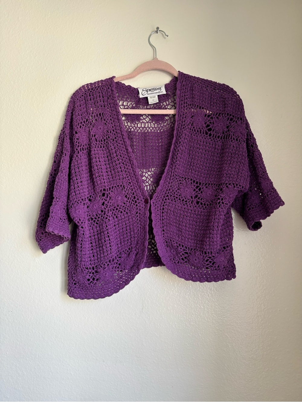 Expressions Purple Crochet Open-Front Cardigan